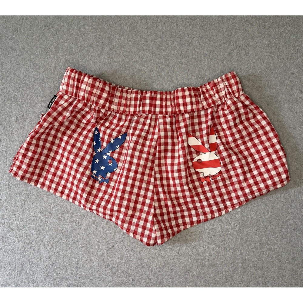 Missguided x Playboy gingham check bunny logo cheeky shorts patriotic JULY 4 XL